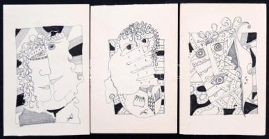 Szász jelzéssel: Arcok, 3 db kisgrafika, tus, papír, különböző méretben