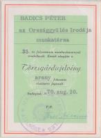 1970. Törzsgárdajelvény arany fokozat 35 év után, az Országgyűlés Irodája munkatársa jelvény viselésére jogosító igazolvány