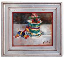 Porter Paula (1884-1944): Csendélet játékkal. Olaj, karton, jelzett, üvegezett keretben, 21×27 cm