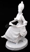 Hollóházi barokk hölgy porcelán figura, fehér mázas,  hibátlan, m: 25cm