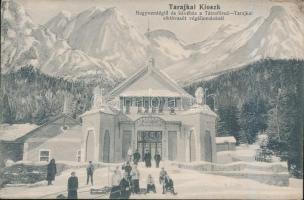 Tátra, Tarajkai kioszk, Nagyvendéglő, kávéház a Tátrafüred-Tarajkai siklóvasút végállomásánál, Spady Géza kiadása / kiosk, restaurant, cafe, funicular, sledging (wet damage)