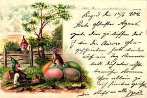 Easter, dwarves, eggs, litho (cut), Törpék húsvéti tojásokkal (vágott)