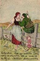1903 Romantikus, kézzel festett vadászlap / hand-painted romantic hunter postcard