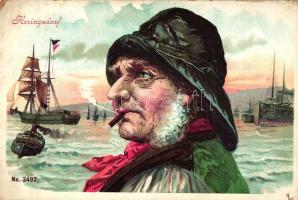 Heringsdorf, ships, fisherman, No. 3497. litho (b)