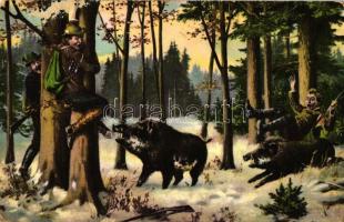 Hunters, wild boars, humour, P.V.K.Z. Serie 1059/4., artist signed (EB)