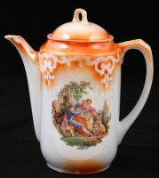 Porcelán tea kiöntő, jelenetes, jelzés nélkül, hibátlan,kopottas festék, m:18cm