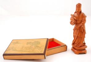 Fa doboz, keleti életképes fedéllel, 16×11×4,5 cm + Keleti motívumos fából készült, díszesen faragott szobor, jelzés nélkül, m: 21 cm