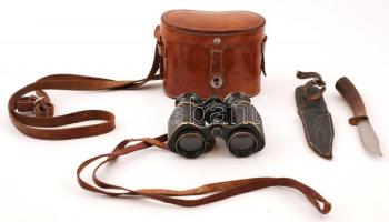Távcső, saját bőr tokjában + agancsnyelű vadászkés, saját műbőr tokjában