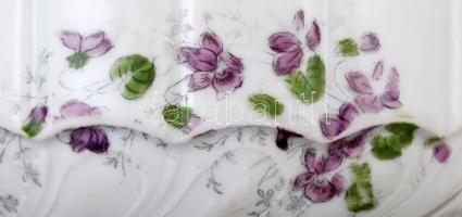 Régi, porcelán ibolyás tál, kézzel festett, kopottas, jelzés nélkül, 23x10cm