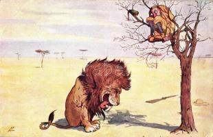 Hunter, lion, humour, B.K.W.I 954-12., artist signed (EB)