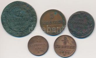1782B 1/4kr Cu + 1790S 1kr Cu "II. József" + 1812S 3kr Cu + 1851B 1/2kr Cu + 1kr Cu T:2-,3
