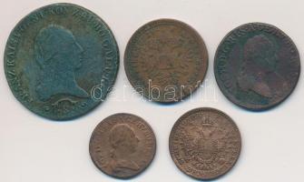 1782B 1/4kr Cu + 1790S 1kr Cu "II. József" + 1812S 3kr Cu + 1851B 1/2kr Cu + 1kr Cu T:2-,3