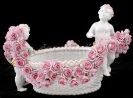 Schierholz puttós rózsás kosár, sok lepattanással, jelzett, kézzel festett, 18×25 cm