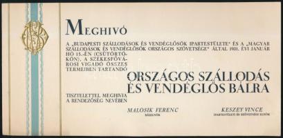 1931 Meghívó a "Budapesti Szállodások és Vendéglősök Ipartestülete" által rendezett országos szállodás és vendéglős bálra