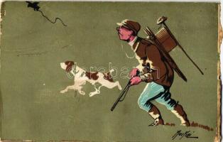 Hunter with dog, Italian art postcard s: Morfini Olasz művészi vadász képeslap, s: Morfini