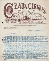 1938 Bp., Czája Cirkusz vezetőjének Czája Jánosnénak a tájékoztatója a cirkuszban elhelyezhető hirdetésekről díszes fejléces papíron