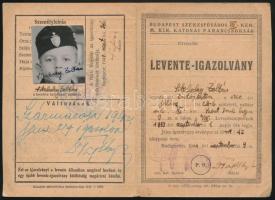 1941 Levente igazolvány, Budapest Székesfőváros IV. ker. M. Kir. katonai Parancsnokság, arcképes