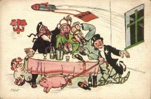 Humoros világháborús grafikai lap, újévi üdvözlet; Magyar Földrajzi Intézet / WWI satirical propaganda card, New Year greeting s: Biró