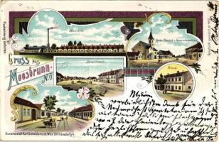 Moosbrunn, Glasfabrik, Kirche, Schule / glassworks, church, school, Art Nouveau, litho (EK)