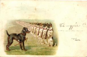 1899 Kutyahadsereg, litho, 1899 Dog army, guns, litho