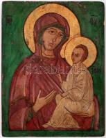 Jelzés nélkül: Madonna a kis Jézussal, festett fa ikon, kis kopásnyomokkal, 24×18 cm