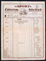 1928 Bp. VIII., "Sport" Étterem Söröző kitöltetlen étlapja