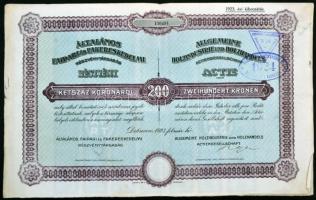 Debrecen 1920-1923. "Általános Faipari és Fakereskedelmi Részvénytársaság" részvénye 200K-...