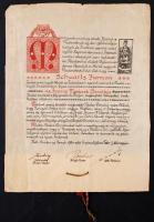 1940 Az aradi iparos céh magyar nyelvű oklevele "Iparos Mesterek Baráttya"(!) cím adományozásáról, a céh tisztviselőinek aláírásaival, függőpecsét töredékével