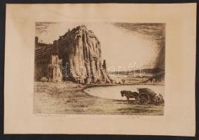 Komjáti-Wanyerka Gyula (1894-1958): Romantikus táj. Dévény. Színezett rézkarc, papír, jelzett, 29x40cm