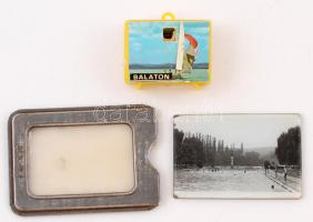 Vegyes retró tétel: balatoni képnézegető, alumínium bérlettok, pipere tükör
