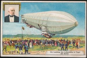cca 1910 Die Landung des Luftschiffes in Tegel bei Berlin, színes üdvözlőkártya, hátulján feliratozva, 7×10,5 cm