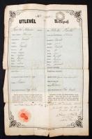 1851 Útlevél/Reisepaß, kitöltött német-magyar nyelvű útlevél, rányomott viaszpecsét nyomával, császá...