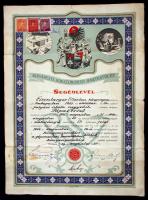 1929 Budapesti Sokszorosító Ipartestület által kiadott díszes segédlevél könyvnyomdász ipari tanonc számára okmánybélyegekkel