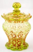 Antik, gazdagon díszített, fedeles, színezett üveg tartó, kézzel festett, jelzés nélkül, apró sérülésekkel, egy ragasztással m:16 cm