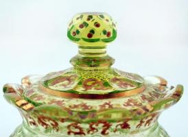 Antik, gazdagon díszített, fedeles, színezett üveg tartó, kézzel festett, jelzés nélkül, apró sérülé...