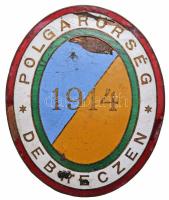 1914. "Polgárőrség Debreczen 1914" zománcozott jelvény, hátoldalán "LÖFKOVITS A. ÉS TSA." jelzéssel (65x55mm) T:2-,3 zománchiba több helyen, tű hiányzik