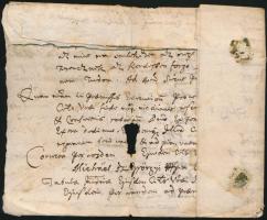 1666 Erdélyi nemesek különféle birtokügyek tárgyában írt levele I. Apafi Mihály erdélyi fejedelemhez (1661-1690), nagyrészt latinul, magyar nyelvű részekkel, gyűrűpecsétek nyomaival