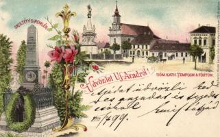 Arad, Újarad; Katolikus templom, Skultéty-emlék, kiadja Mayr Lahos könyvnyomda / church, monument; floral litho