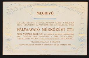 1914 "Az Esztergomi Testgyakorlók köre"  pályaavató mérkőzésére szóló dombornyomott, szecessziós meghívó. Szép állapotban. 11x17cm