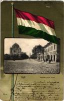 Győr, Kossuth Lajos utca, zsinagóga; Röszler Károly kiadása, zászló / flag, litho (b)