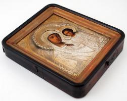 Kazányi Istenanya, orosz ikon, 20. sz. eleje, olaj, fa, ezüstözött sárgaréz okláddal, 31×26 cm, ered...