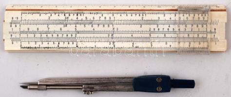 Régi körző + logarléc bőr tokban