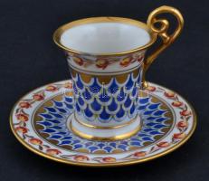 Aelteste Volkstedter mokkás csésze és alj, sérült, jelzett, kézzel festett