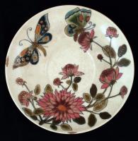 Antik Zsolnay teás csésze és alj, kézzel festett, javított, jelzett (eltérő)