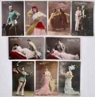 cca 1910-1930 Színezett fotólapok színészekről és színésznőkről(Báthonyi Ákos, Tallián Anna, Ötvös Gitta, Várady Ily), 9 db feliratozott fotólap, 14x9 cm
