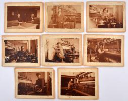 cca 1910 Textilnyomó manufaktúra, 8 db fotó kartonra ragasztva, 7x11 cm