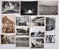 cca 1933-1935 Vadevezős életforma, 13 db fotó egy evezős albumából, 6x6 cm és 9x12 cm közötti méretekben