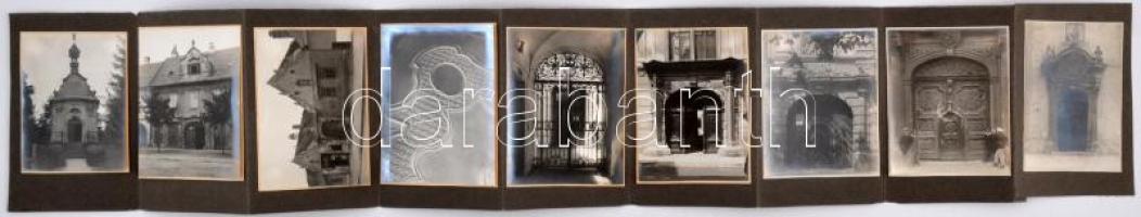 cca 1935 Sopron, szép kapuk, műemlék épületek, 10 db fotó leporellóra felragasztva, a felén felirat is szerepel, 12x9 cm