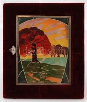 Bársonyborítású, kihajtható art deco képekkel díszített tükör, az egyik tükörlap kicsit sérült