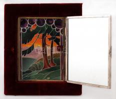 Bársonyborítású, kihajtható art deco képekkel díszített tükör, az egyik tükörlap kicsit sérült